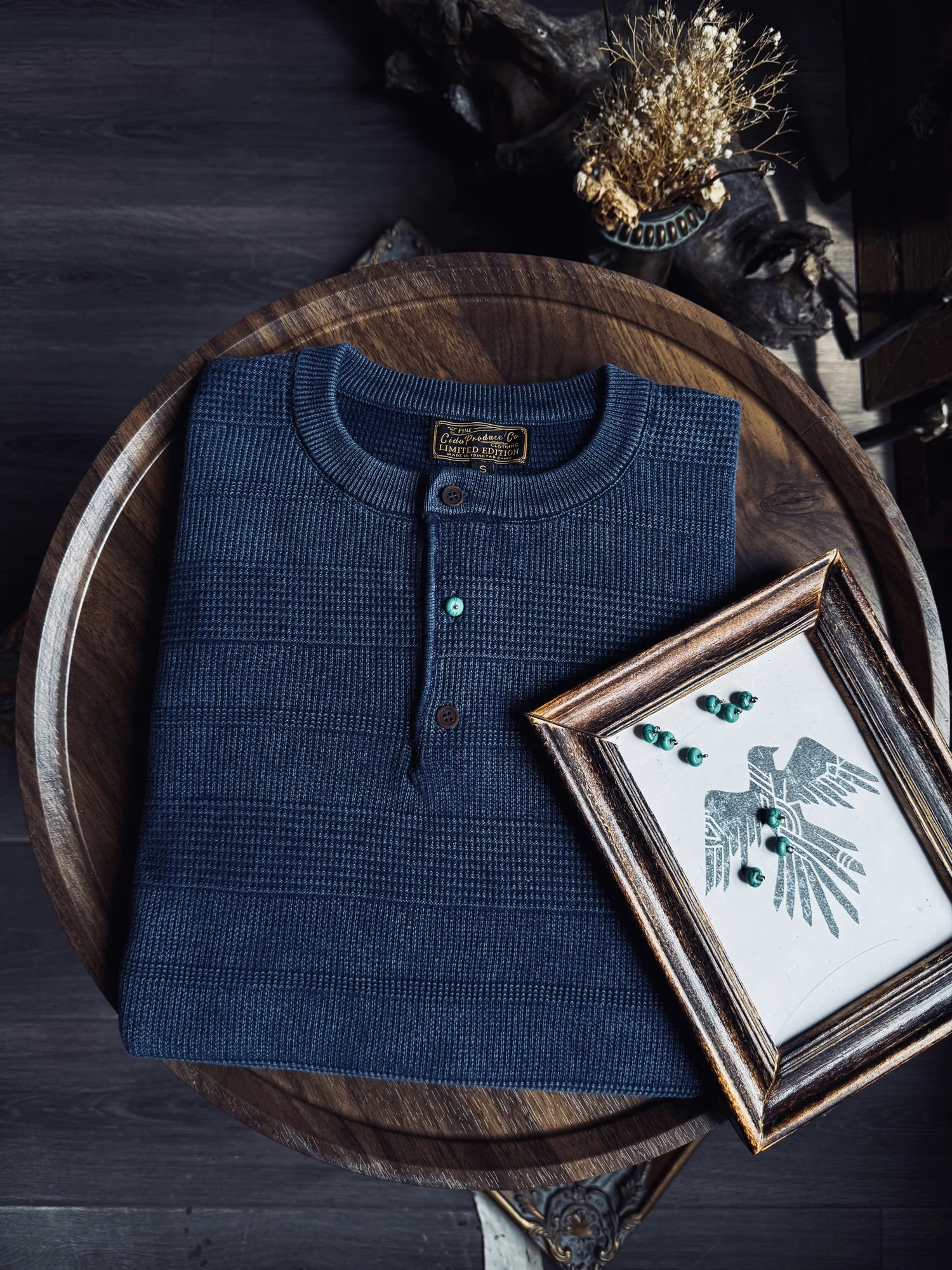 

Retro American Blue Dye Washed Long Sleeve Men's Knitted Base Shirt Henry Collar Sweater Thick Cotton Workwear Style Autumn Top