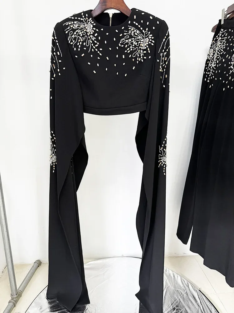 Festival Outfit Women 2024 New Fashion Lotus Leaf Sleeves with Hand Diamond Studded Beads Short Black Top Pants Set Outfits