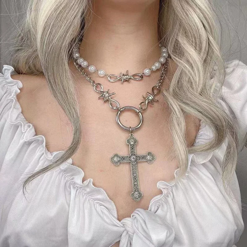 Pearl Cross Pendant Necklace Female Online Influencer Hip Hop Sweet Cool Metal Multilayer Collarbone Necklace Accessories