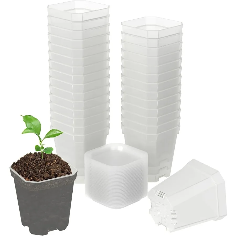 

3 Clear Nursery Pots 30 Pcs Thick Plastic Plant Pot Square Flower Planting Pot Seedling Planter Seed Starter Pots with Saucers