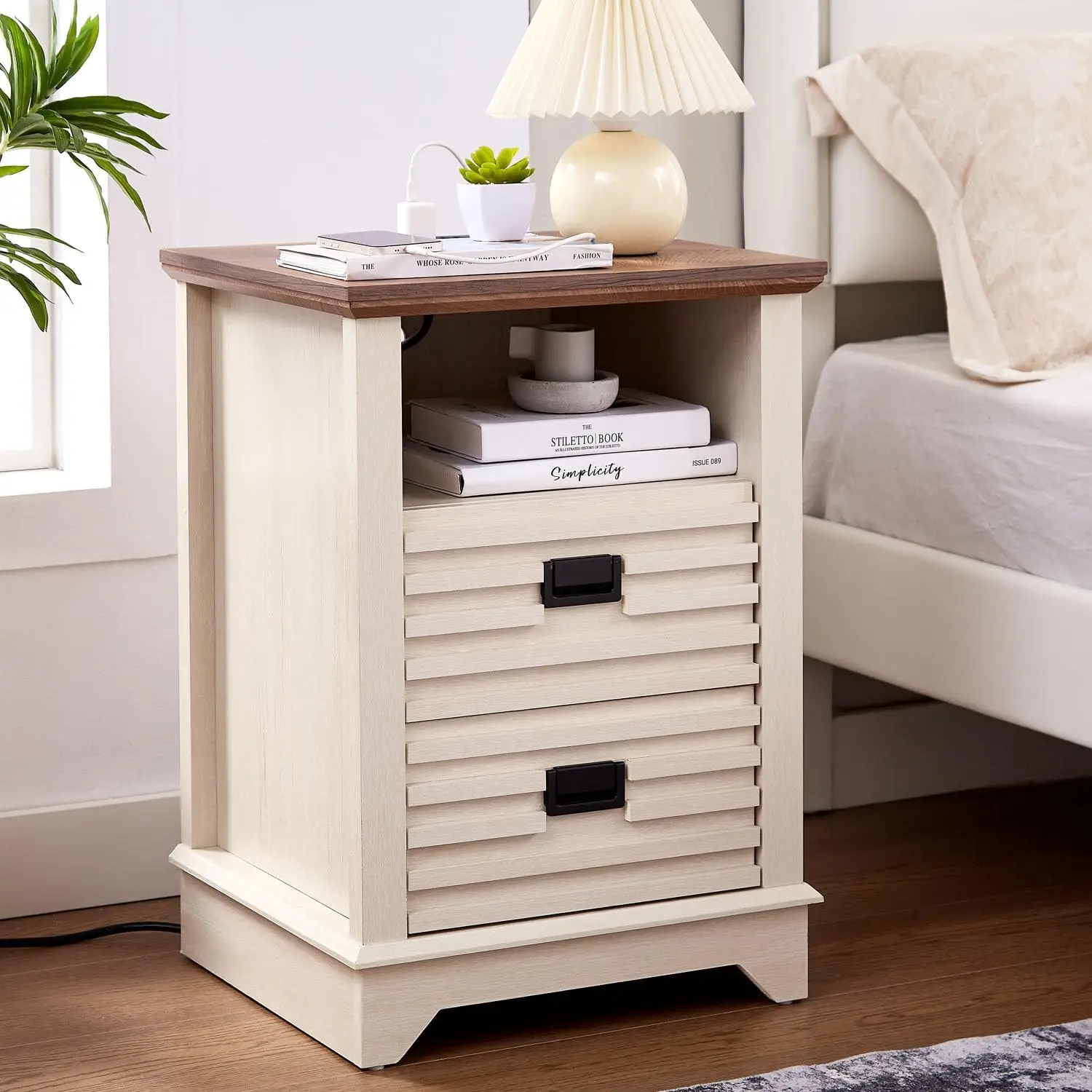 Nightstand with Charging Station, Farmhouse End Table with 2 Drawers & Open Cubby, Rustic Wood Sofa Side Table for Bedroo