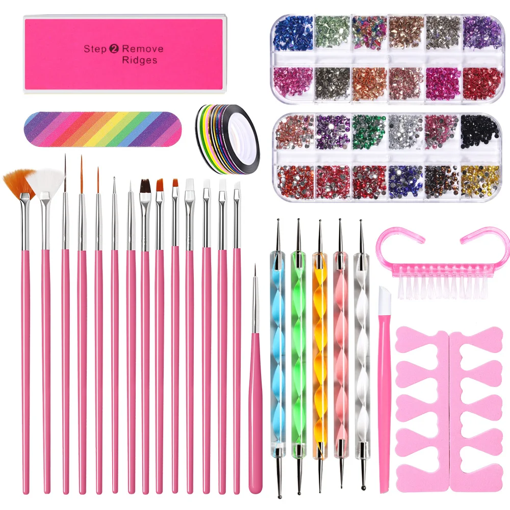 

CNHIDS Nail Art Manicure Tools 15Pcs Nail Brushes Nail Decoration Crystal Diamonds Polishing File Professional Nail Salon Sets