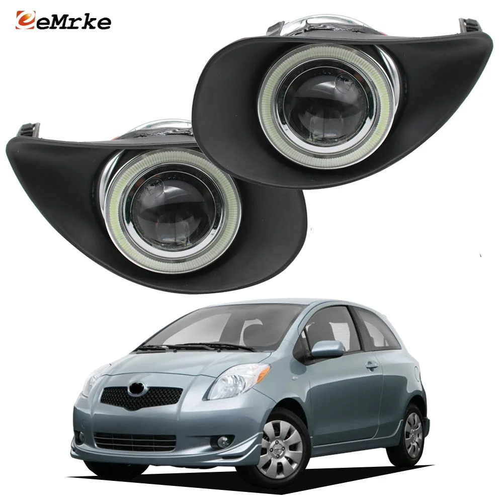 

eeMrke For Toyota Vitz Yaris 2005-2009 XP9 LED Angel Eyes DRL Fog Lights OffRoad Daytime Running Light Black/ Plating Fog Cover