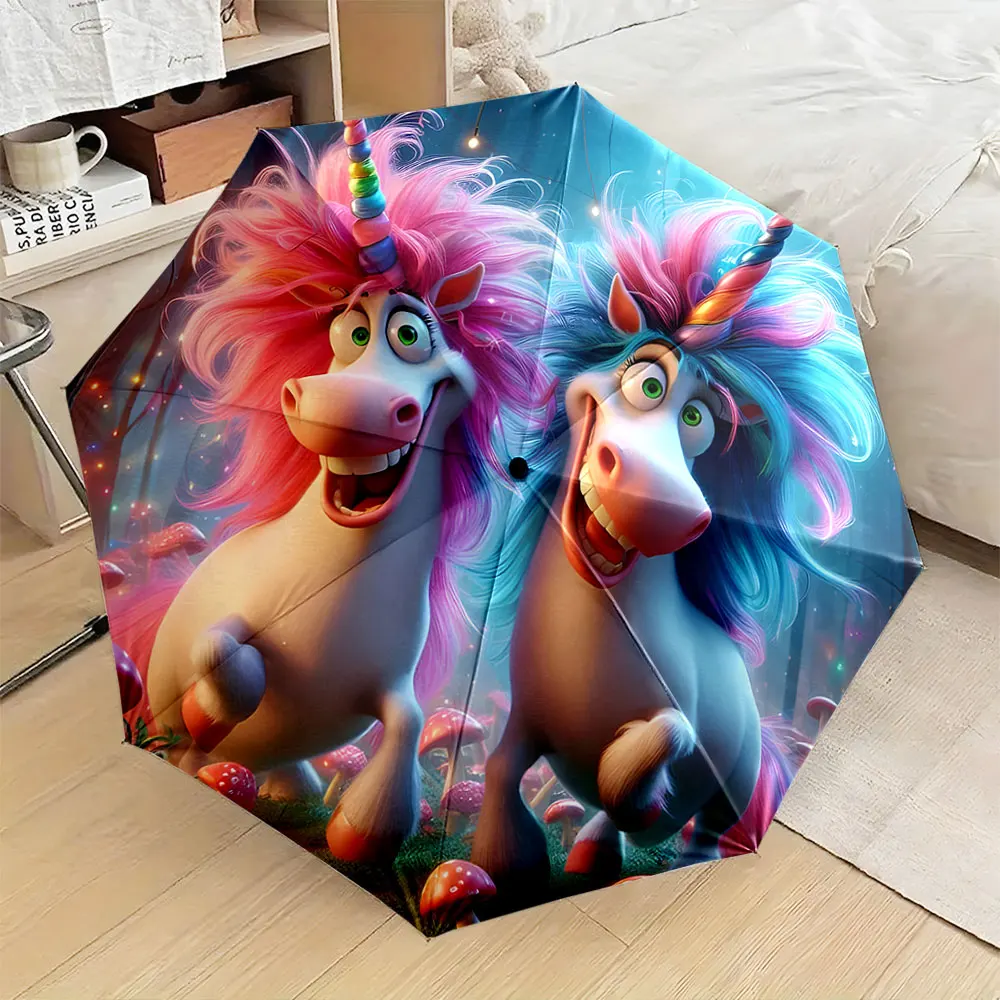1PC Whimsical Unicorn Print Colorful Umbrella Design Print 8 Iron Ribs Folding Umbrella Auto-Open Fashion Sunshade