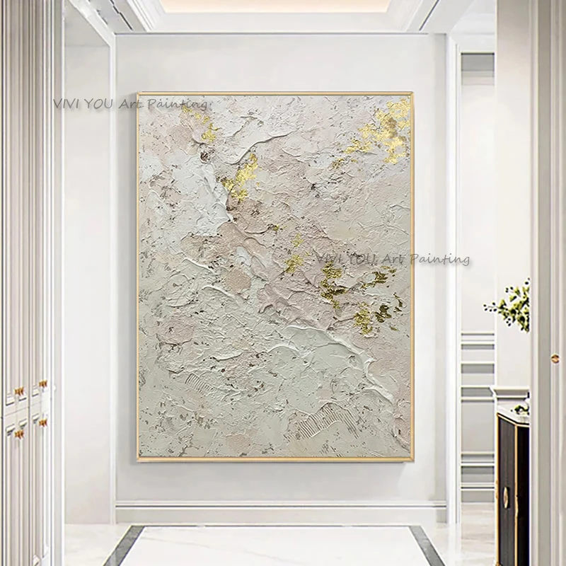 Beige Gold Impasto Oil Painting Original Hand Painted Thick Texture Vertical Canvas Wall Hangings
