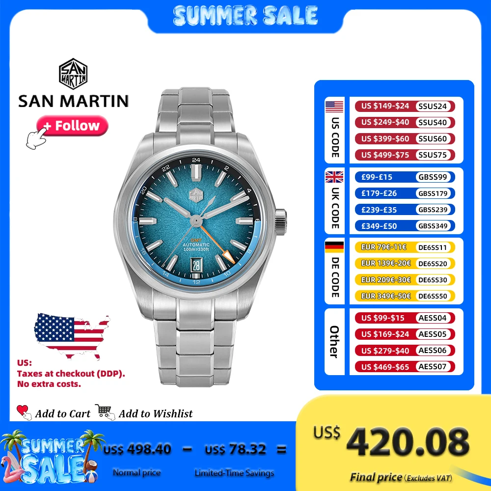 

San Martin 39mm GMT Miyota 9075 Luxury Watch Jianzhan Automatic Mechanical Watches for men With Sapphire Waterproof 10Bar SN0144