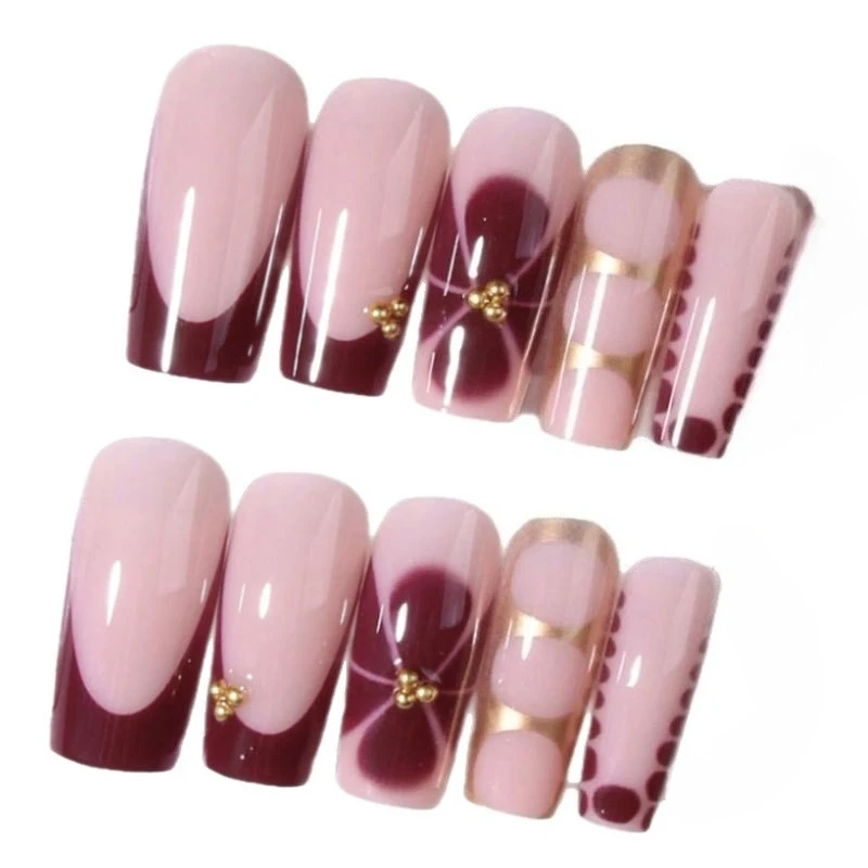 24 piezas de uñas postizas francesas largas en forma de ataúd con flores retro, diseño de caviar y dorado calado, estilo Y2K acrílico 6