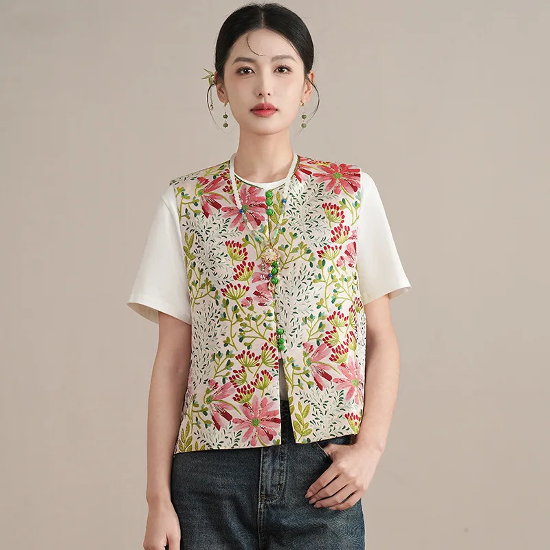 

Chinese Style brocade Jacquard Vest Round Neck Disc Button Sleeveless Coat Retro Commuter Jacket Fashionable Women's Clothing