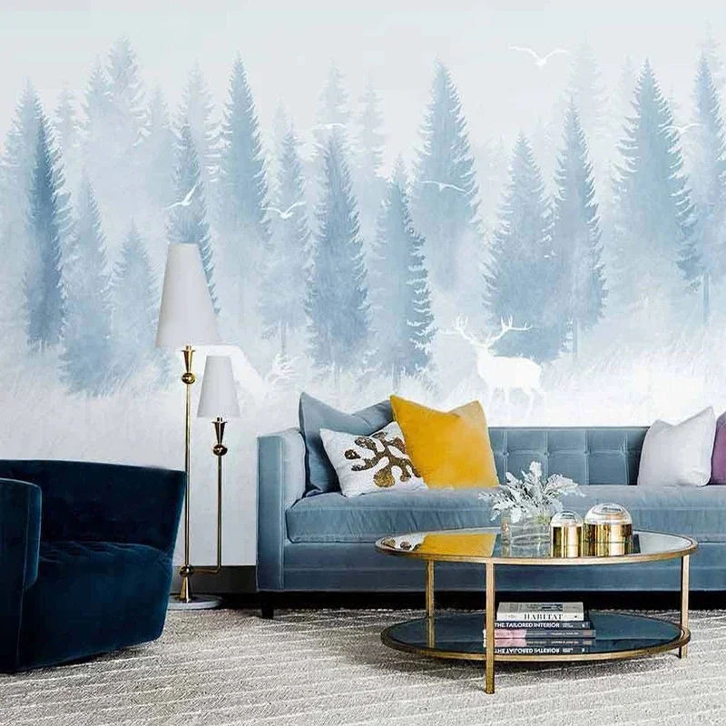 Foto Wallpapers Nordic handgeschilderde Dromerige Sneeuw Cartoon Bos Elanden Muurschildering Woonkamer TV Achtergrond Home Decor Wandbekleding