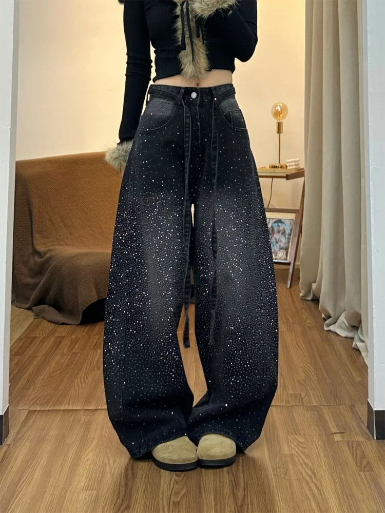 

Американские джинсы с блестящими вставками в стиле High Street, модные женские свободные широкие брюки, длинные джинсы для создания расслабленного образа