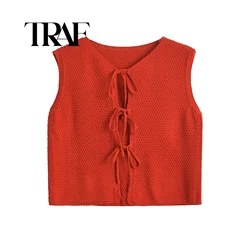 TRAF Bow Tied Vests For Women V Neck Short Knitted Sleeveless Vest Jacket Woman Waistcoat Streetwear New Women Outerwear