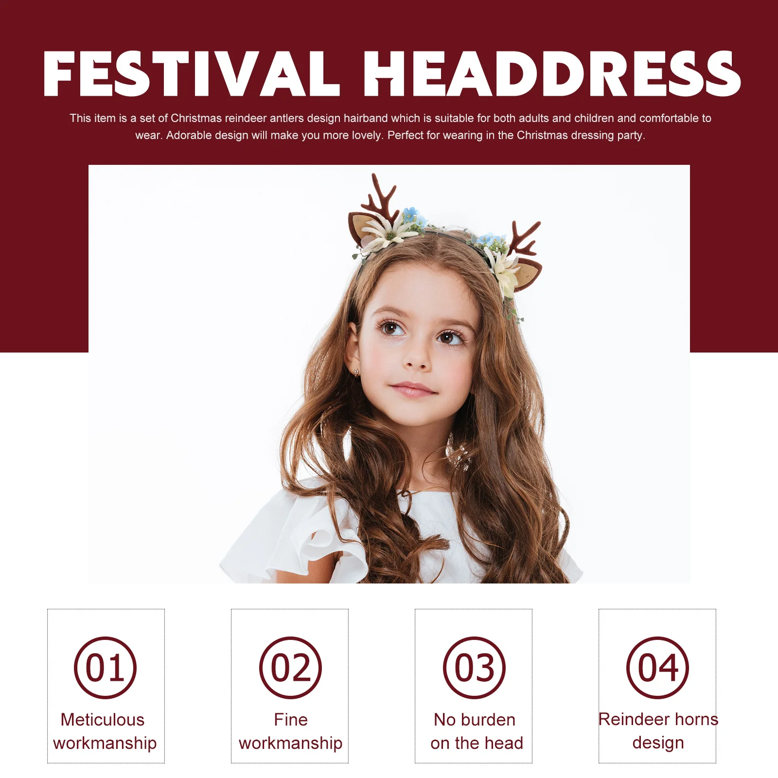 

1Pcs Christmas Themed Antler Hair Band Floral Headdress for Girls Kids Party Wear Fun Holiday Accessory Comfortable Fit