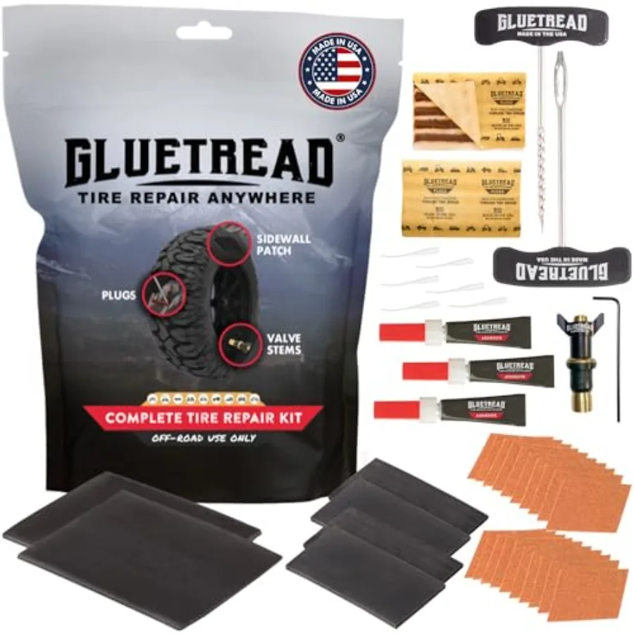 GlueTread Complete Off-Road Tire Repair Kit - Fix Sidewall Damage and Punctures - Includes Heavy Duty Tire Patch Kit, Plugs and