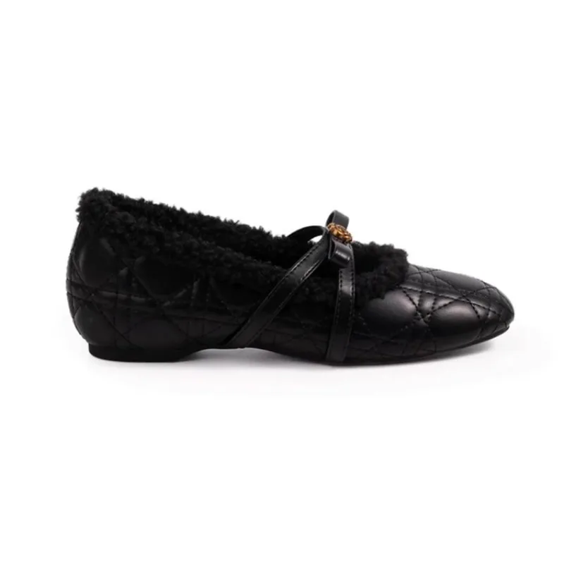 Lady Elegant Fleece Lined Hidden Wedge Mary Jane Flats, Quilted Square Toe Slip On Shoes, Metal Buckle Strap Winter Footwear