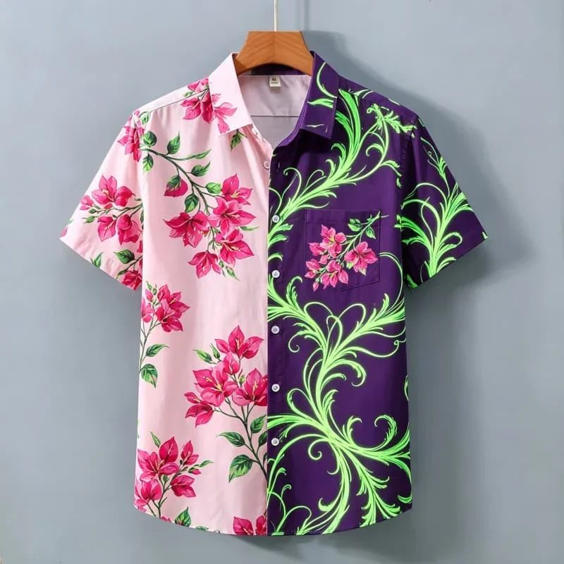 Men's Contrasting Floral Vacation shirt, Short Sleeved Shirt With pockets, Casual Street Style top, Suitable For Summer Leisure