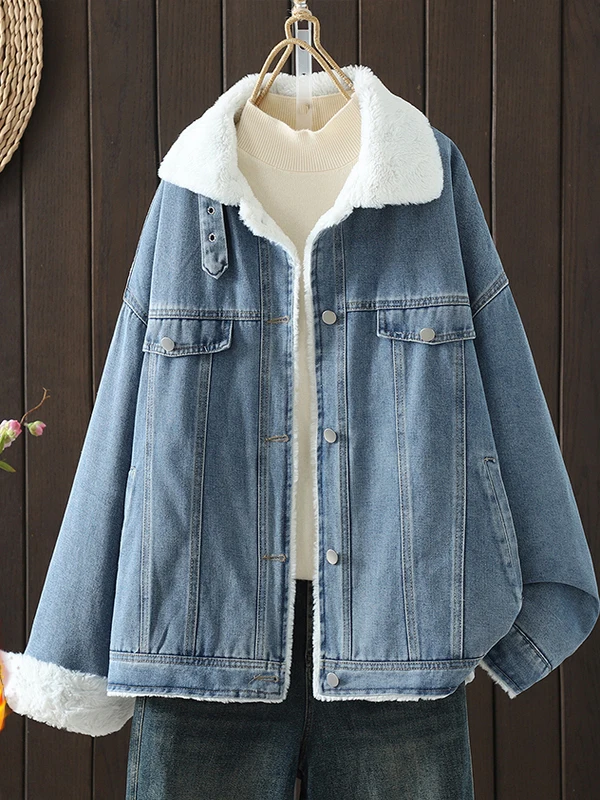 

plus Size Women's Casual Fce Lined Stand Collar Jaet Cotton Denim Outerwear for Plump MM Winter Thiened Long Sve