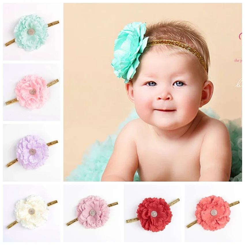 Cute 1PCS Girls Pennoy Flower with Rhinestone Shiney Headband Baby Photo Props Newborn Toddler Infant Headwear Hair Accessories