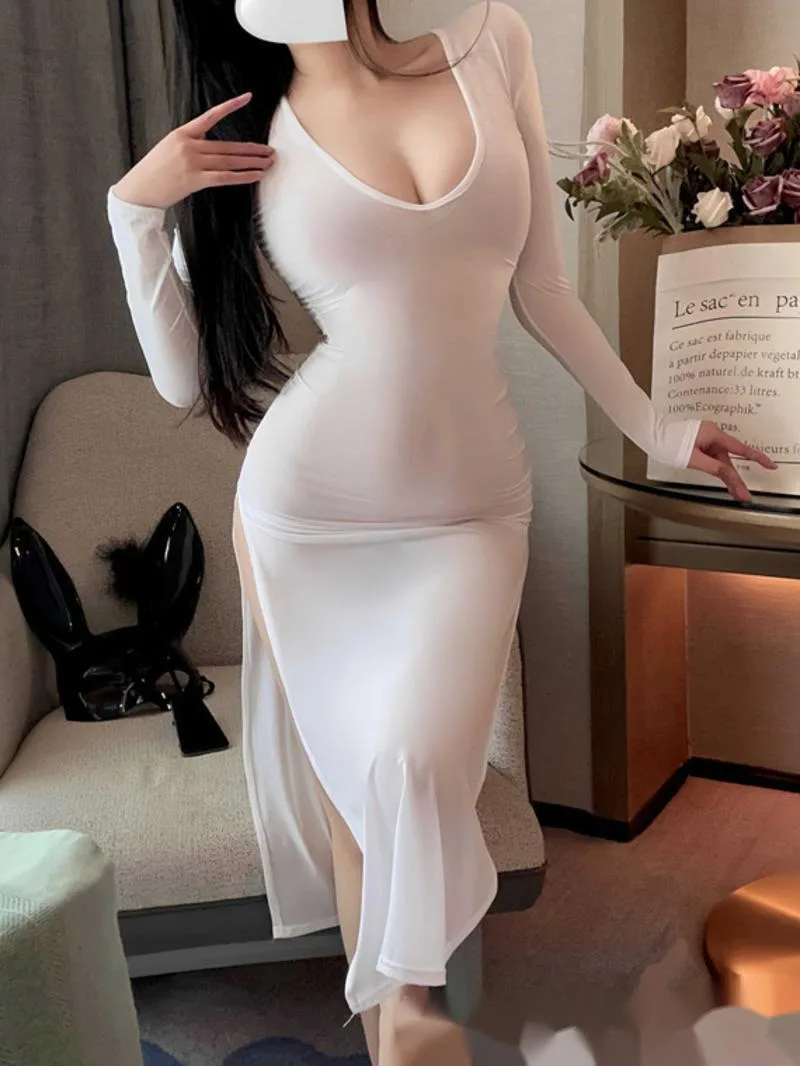 

Сексуальное женское платье Cheongsam с высокой талией и разрезом в светском стиле для ночного клуба Pure Desire, однотонное длинное платье с длинными рукавами, элегантное QXHF