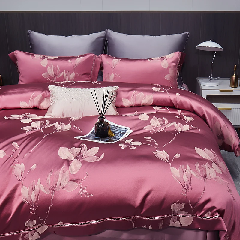High End Mulberry S i l k Jacquard Bedding Set  4-piece Duvet Cover Set 200*230CM 220*240CM Flat Sheet Bedding