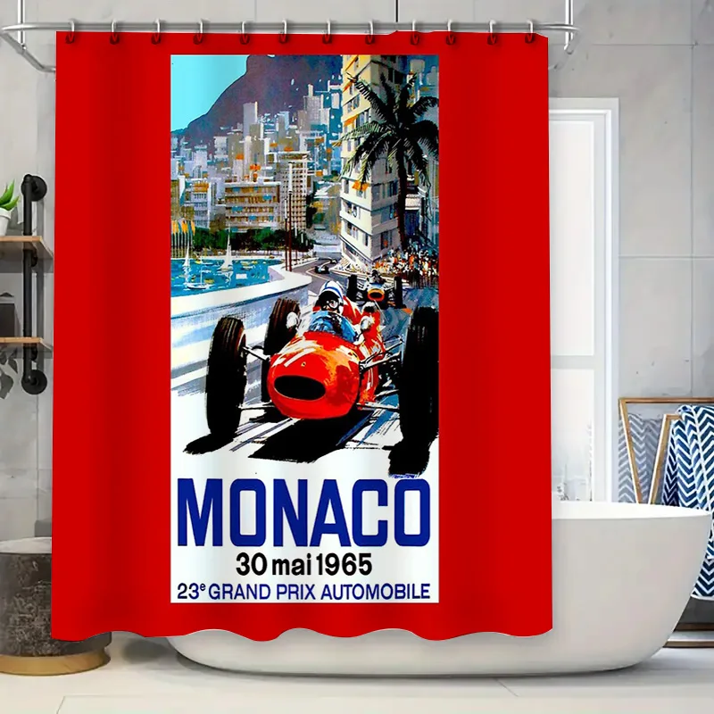 Vintage Monaco Grand Prix Car Shower Curtain Racing Auto Formula One Motorsport Decor Bathroom Curtains Wall Art