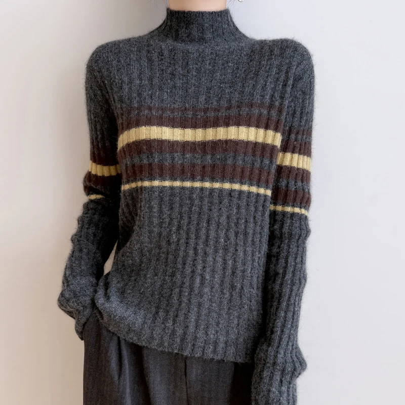 Women's Autumn Winter New Arrival Merino Wool Pullover Sweater Mock Neck Stripe Color‑Block Long Sleeve Soft Warm Knit Top