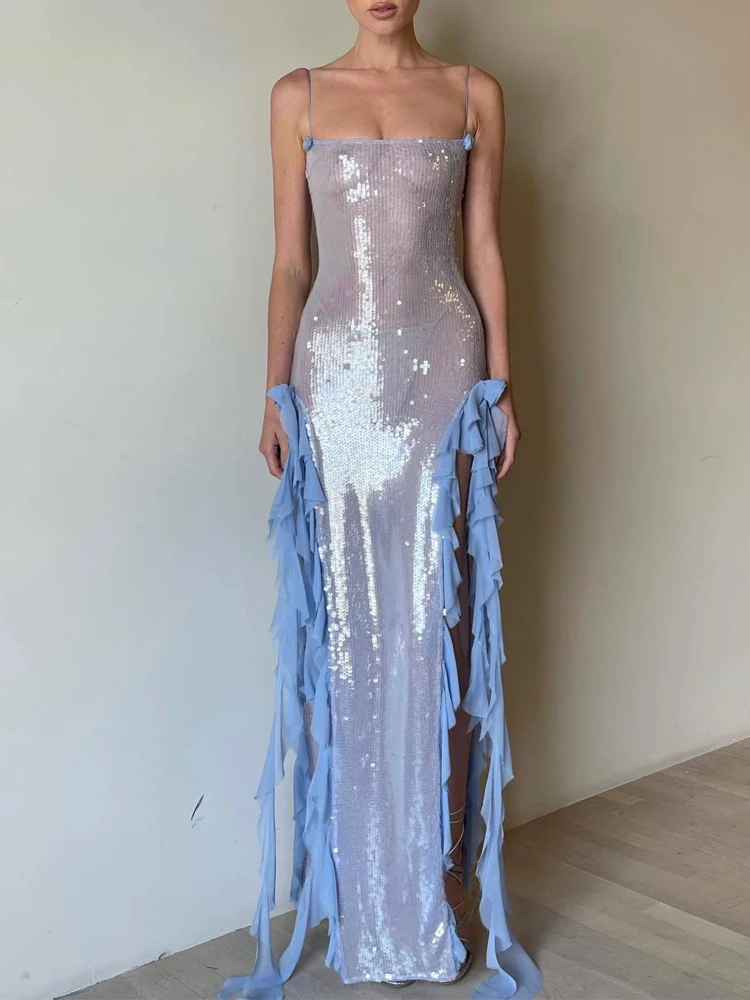 2025 여름 새로운 입체 꽃 서스펜더 드레스 세련된 스팽글 관점 비치 커버 업 드레스 섹시한 여성 프릴 스플릿 드레스