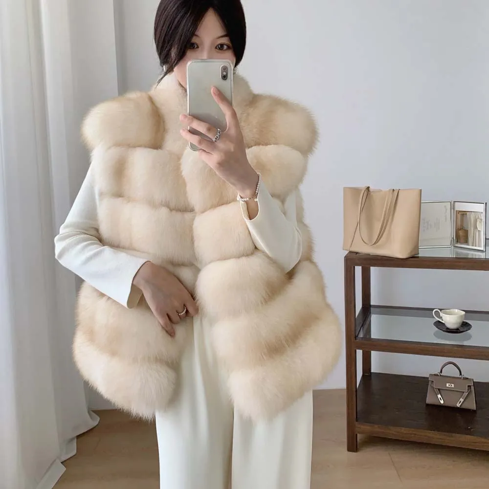 سترة من فرو الثعلب الحقيقي الطبيعي بدون أكمام للشتاء الدافئ سترة من الفرو الطبيعي معاطف من فراء الثعلب