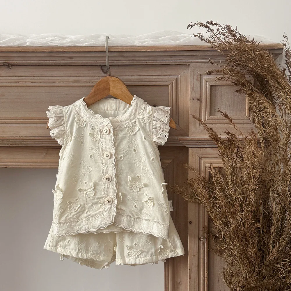 Summer Baby Clothing Sets Girls Cute Embroidered 3D Butterfly Cardigan+Shorts 2PCS Suit Toddler Girls Princess Outfits Set
