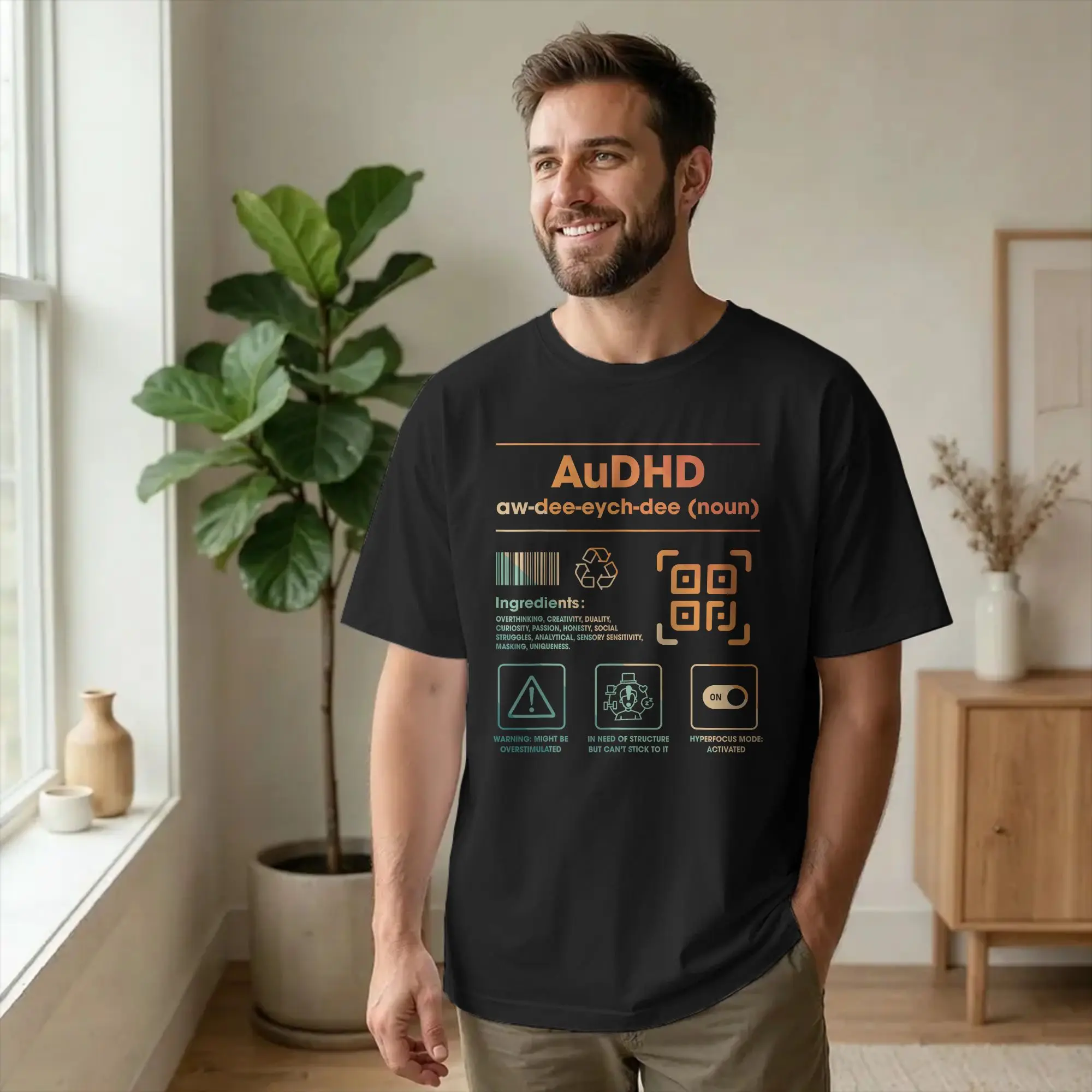 AuDHD Definition Ingredients Neurodivergent T Shirt Men Pure Cotton Funny T-Shirts Crew Neck ADHD Autism Tees Short Sleeve Tops
