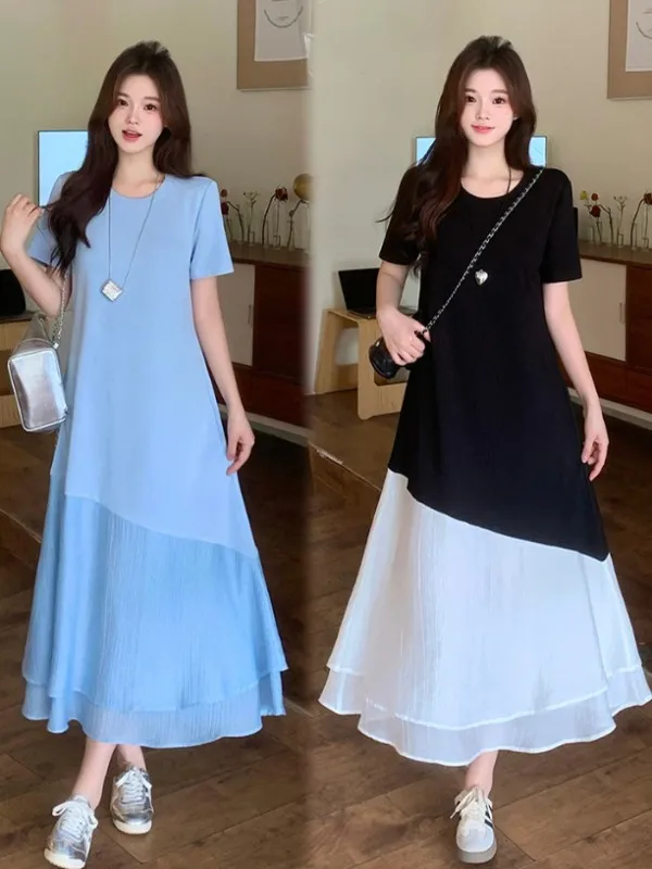 

Slimming Large Size Women's Dress Lazy Elegant Splice Loose Atmosphere Fashionable Trendy Korean Style Commute Wind A-Line Skirt