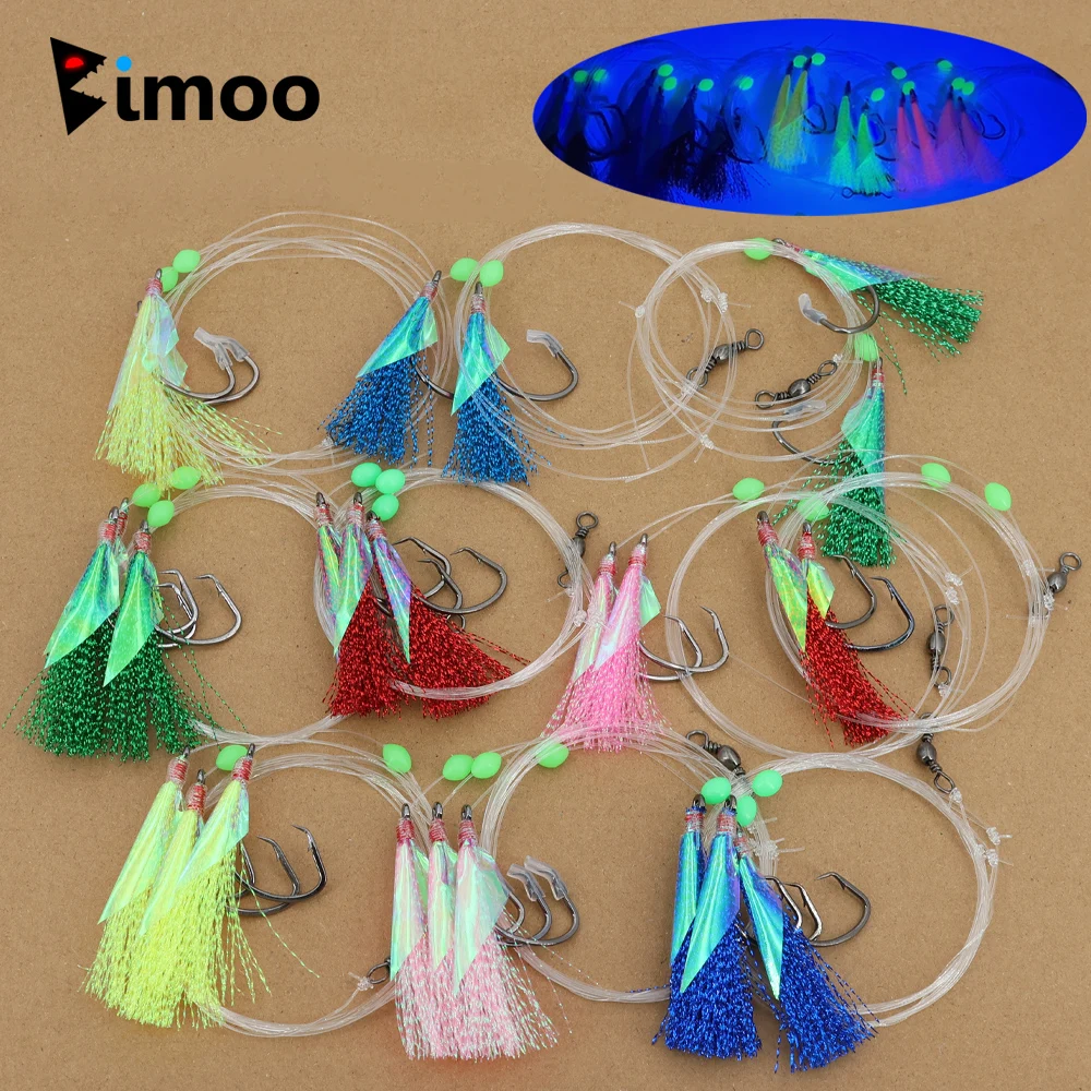 Bimoo 10 paquetes de aparejos Sabiki para pesca en agua salada, 2/3 anzuelos, aparejo con flasher grande, señuelo de pesca marina con piel de pez para pargo