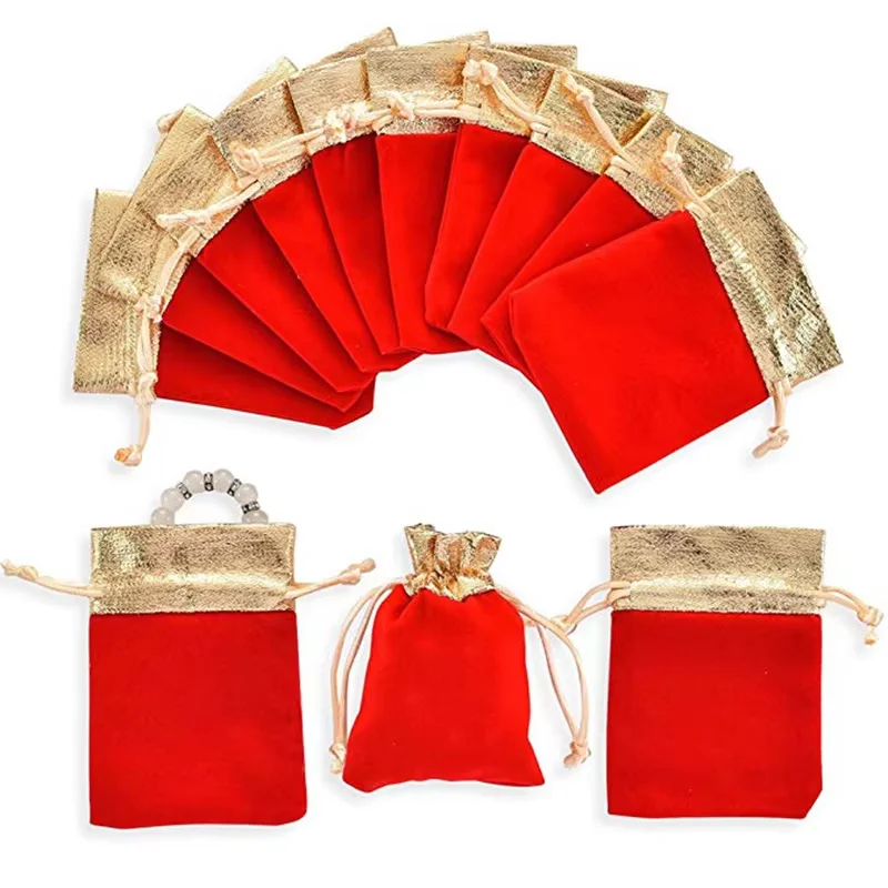 

100pcs Fashion Velvet Jewelry Bags 10x12cm Black/Red Christmas Party Wedding Favor Gift Bag Cheap Drawstring custom Logo Pouches