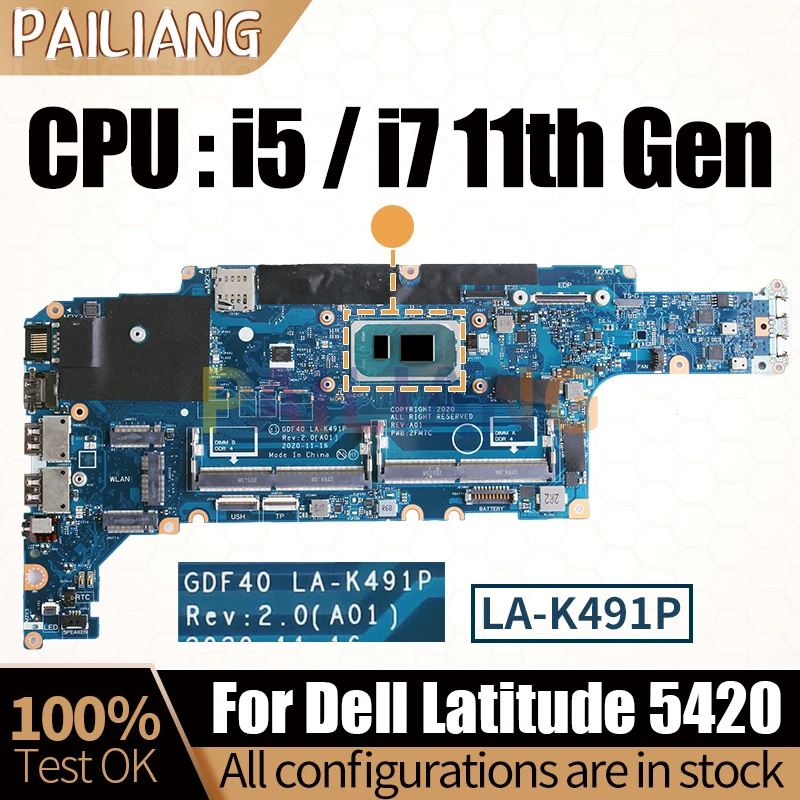 

For Dell Latitude 5420 Notebook Mainboard Laptop LA-K491P 0M51J7 054CCV 01M3M4 014P1W I5 I7 11th Motherboard Full Tested