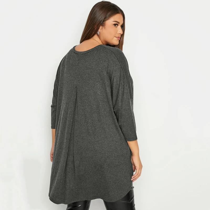 Plus Size Spring Autumn Elegant Hi Low Tunic 3/4 Batwing Sleeve Long Loose Blouse Dark Grey Pleat Back Large Size Casual Top 6XL