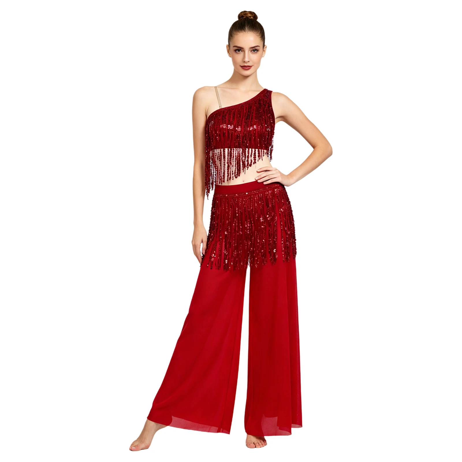 Women Sequin Tassel Lyrical Latin ballroom Dance Outfit One Shoulder Crop Top and Built-in Briefs Wide Leg Pants Dancewear