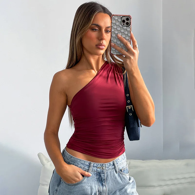 Einfarbig eine Schulter rücken frei schrumpfen Tank Top T-Shirt Süßigkeiten Farbe eng sexy ärmellose Hals ohne schlanke Casaul Top – Detail 13