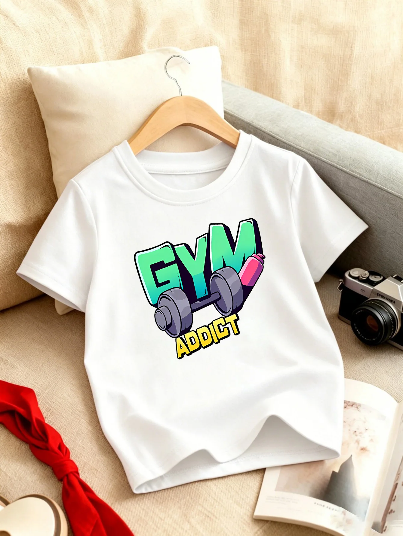 Sport Gym Dumbbell Graffiti Letter Print Boys Girls Family Matching Cotton Short Sleeve Crew Neck Soft Summer Kids Casual Tees