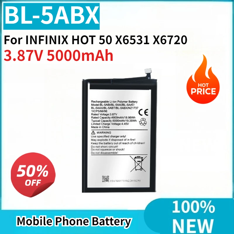 

Высококачественная новая сменная батарея BL-5ABX 3.87V 5000mAh для мобильного телефона INFINIX HOT 50 X6531 X6720