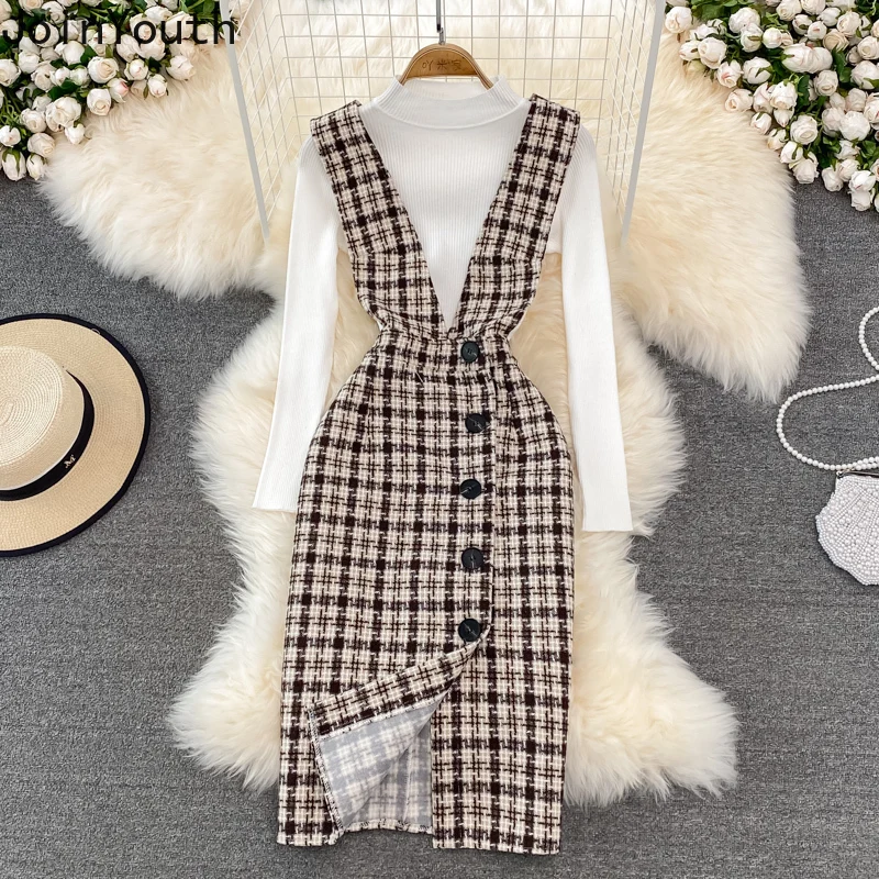 Office Lady Dress Two-piece Suit Woman Woolen Plaid Singel Breasted Dresses + Slim Sweater Tops Dress Sets Korean 2 Pcs Outfits