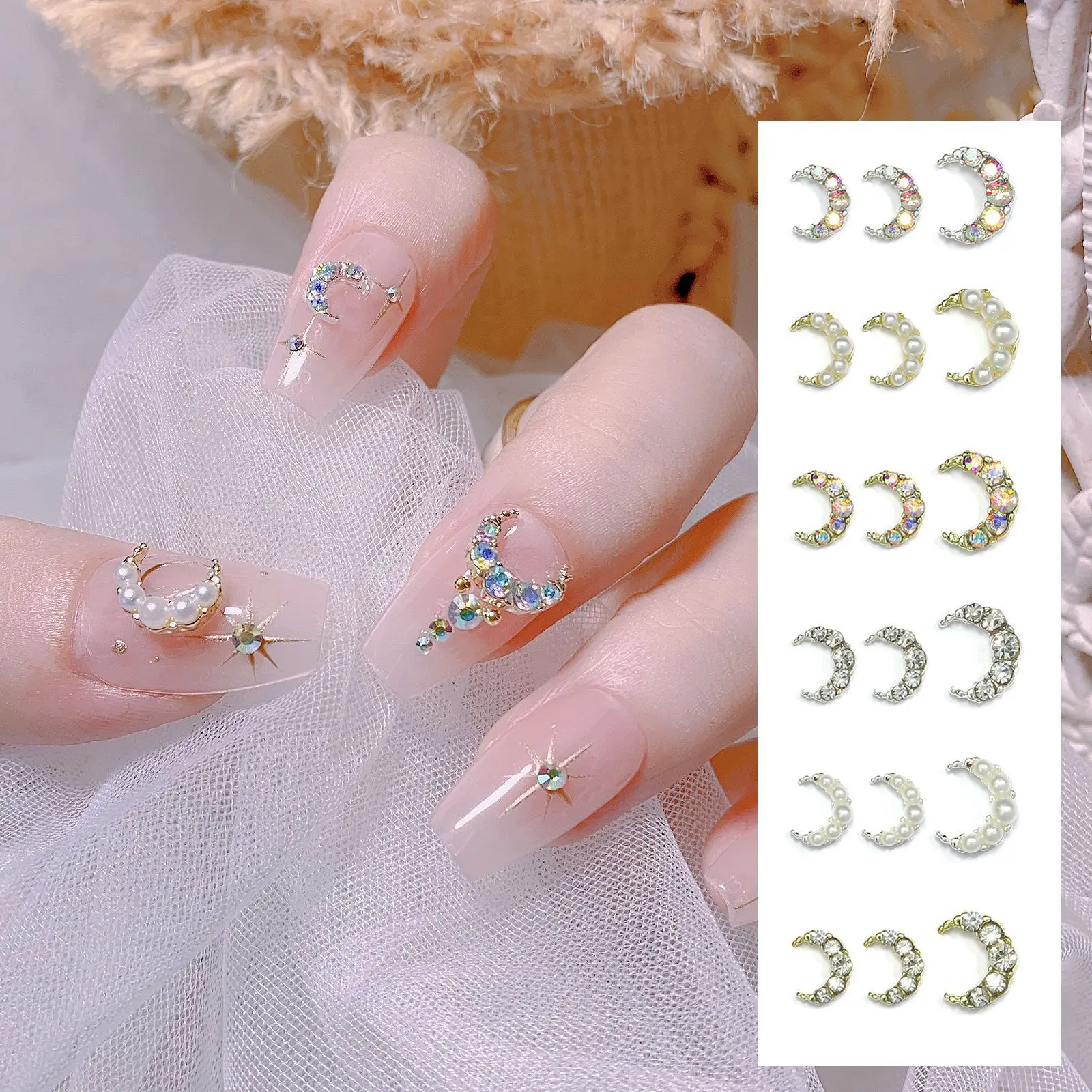 18pcs nuovi accessori per unghie all'ingrosso diamond pearl Moon light luxury crescent beauty girl metal alloy nail drill DIY nail decora