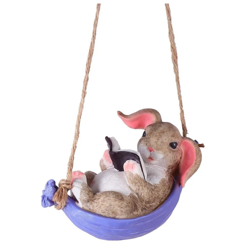 

Swing Cute Resin ,Garden Statue Landscape Hanging Decoration Simulation Reading Book Bunny Home Animal Statue