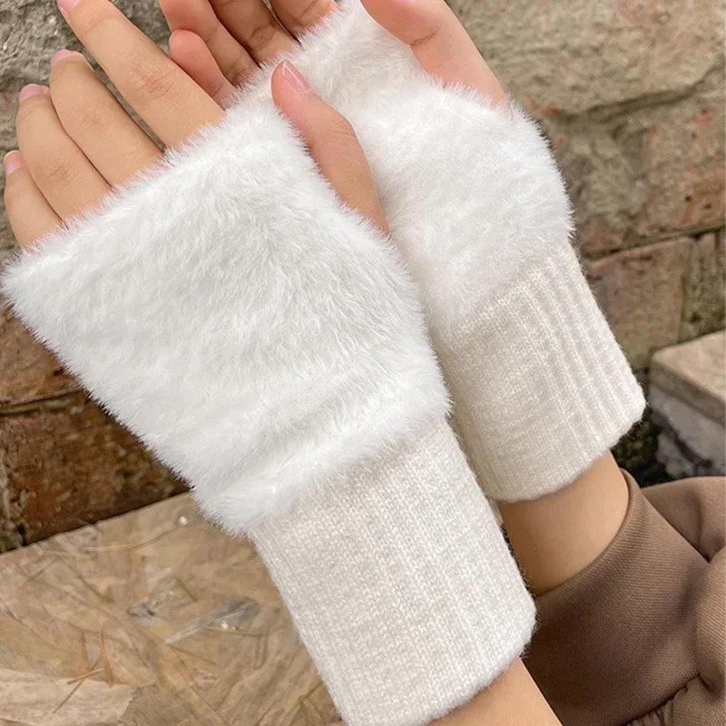 Manoplas de piel de conejo para mujer, guantes cálidos para niñas, guante de felpa lindo sin dedos, guantes de trabajo gruesos y cálidos, medio dedo, Invierno