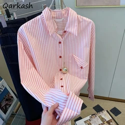 French Sweet Pink Striped Shirts Women Korean Style Office Lady All-match Streetwear Fashion Baggy Camisa Female Tender Lovely