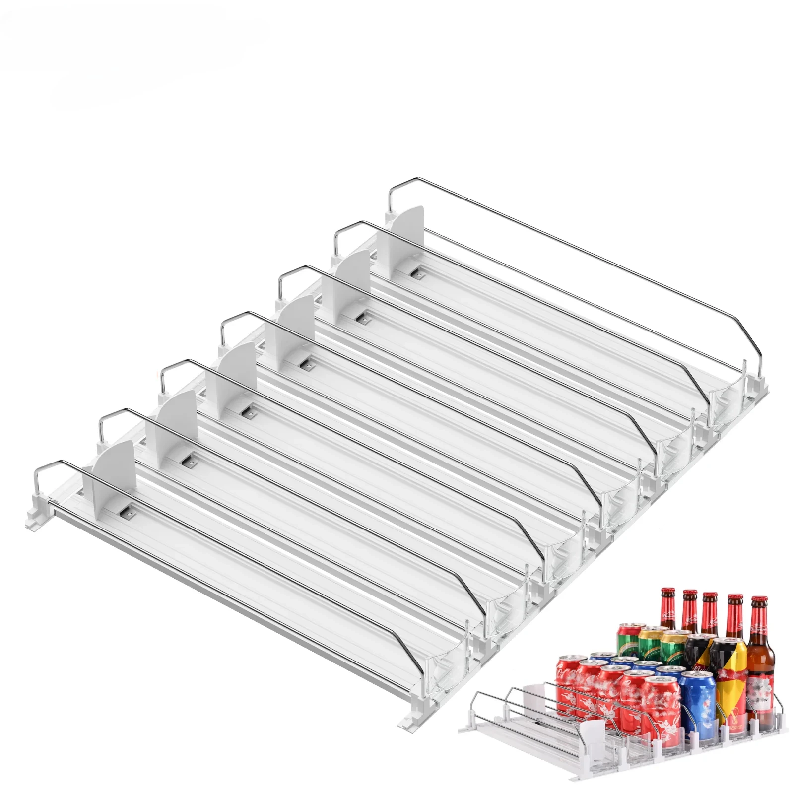 drink-organizer-dispenser-spring-pusher-canned-beverage-push-rack-adjustable-width-storage-shelf-glide-for-refrigerator-30-cans