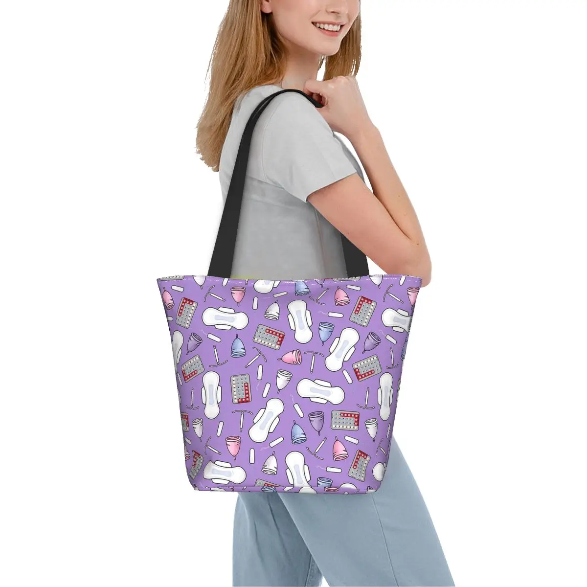 Period Protection, PMS Ready In Purple Shopping Tote Bag Canvas Large Capacity Shoulder Bags Shopper Grocery Handbag for Women