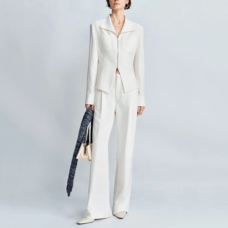 

Весенне-осенний однотонный костюм: женская рубашка с длинными рукавами и двойной молнией + прямые брюки с высокой талией, комплект из двух предметов