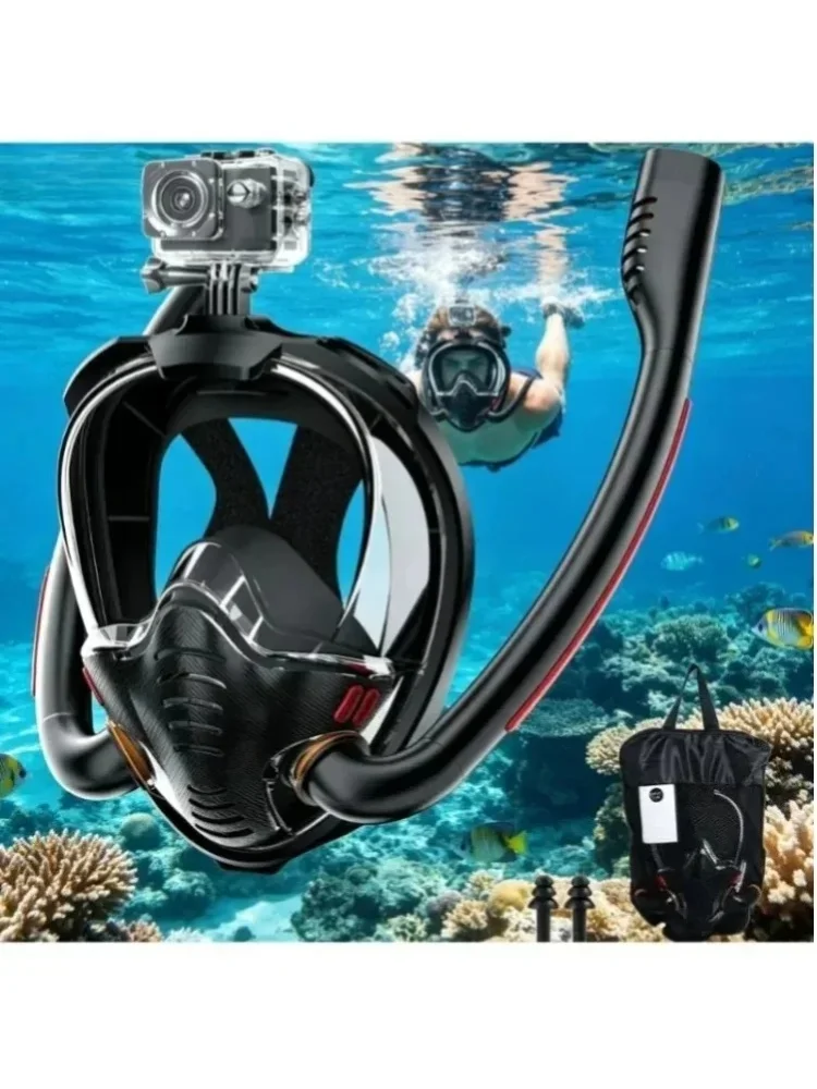 Doppelrohr-Vollgesichts-Schnorchelmaske mit 180° Atemmodus °   Panorama-Antibeschlag-Tauchmaske mit Dry-Top-System für Erwachsene und Jugendliche zum Schwimmen