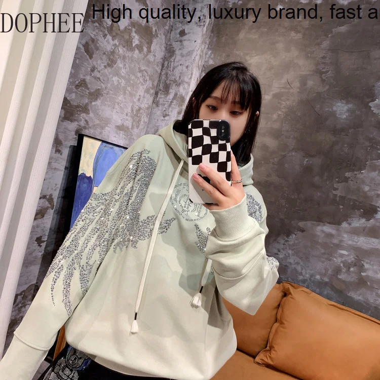 

Blingbling Hot Luxury Drilling Bear Wings Crown Female Sweatshirt New Fashion Autumn Hooded Pullover Top Streetwear Loose Hoodie