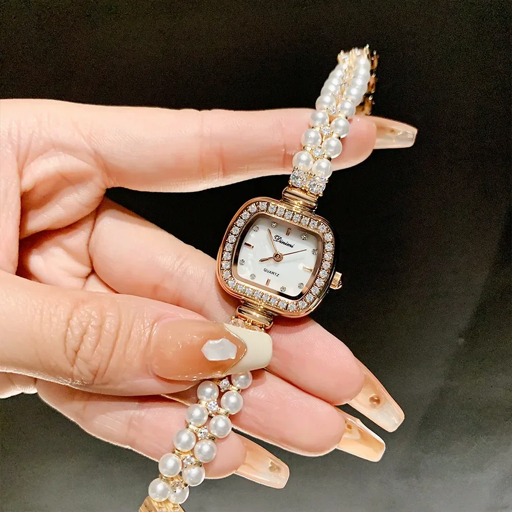 Petites montres à quartz pour femme, diamant, perle, montres-bracelets pour femme, biscuits, marque de luxe, mode