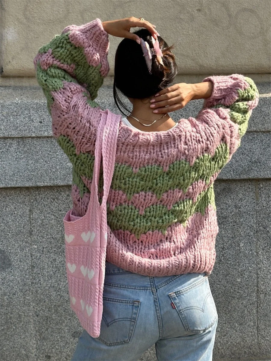 Women Stripe Pattern Cardigan Sweaters Tops Oversized Chunky Long Sleeve Cropped Knit Top Vintage Open Front Color Block Outwear